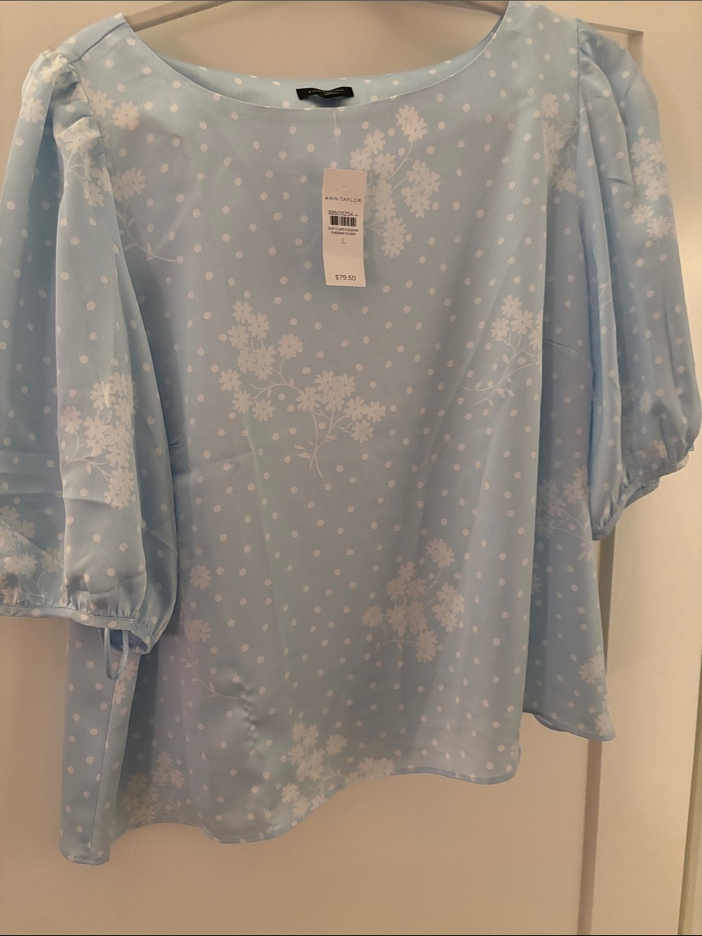 Ann Taylor Light Blue Floral Dot Puff-Sleeve Blouse